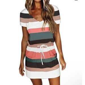 Women Summerdress Shorts Sleeve Casual Color TripeMini Dress V-neck T-shirt